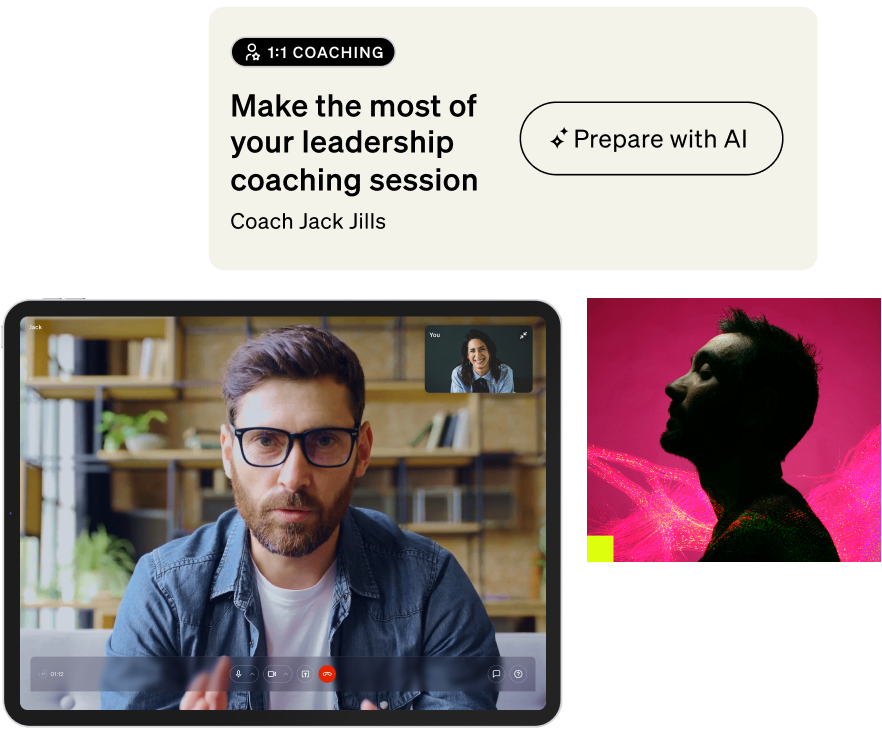 Screenshot showing new BetterUp functionality and a coaching session
